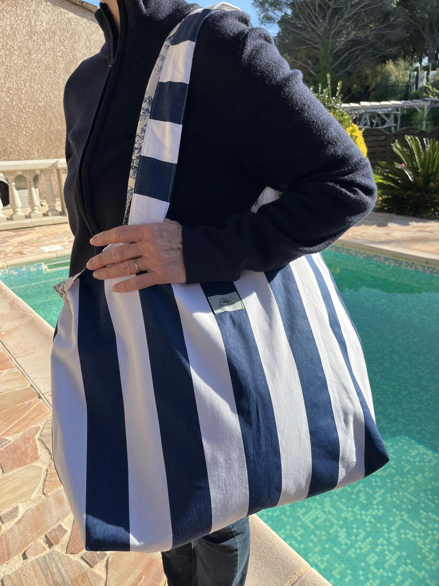 Toile Tote Bag One side Toile, One side Stripes