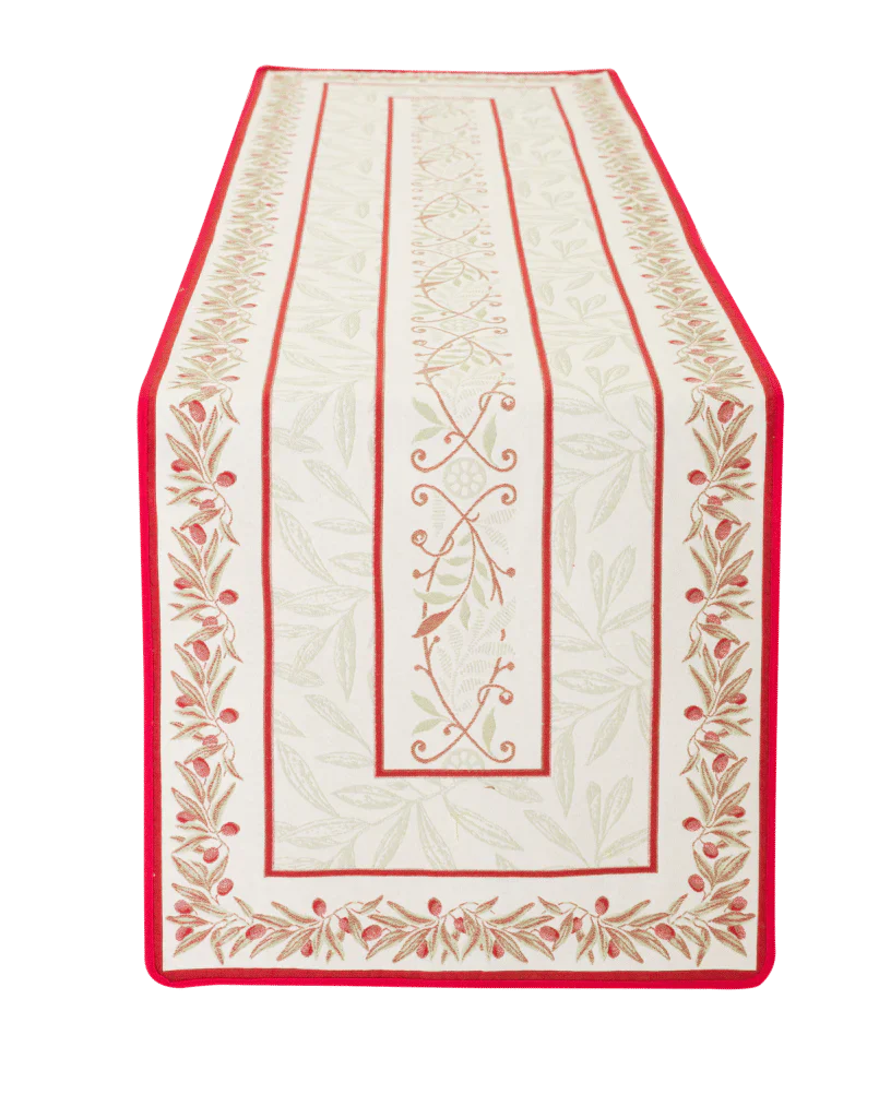 Auriol Olive Twigs Red French Jacquard Table Runner