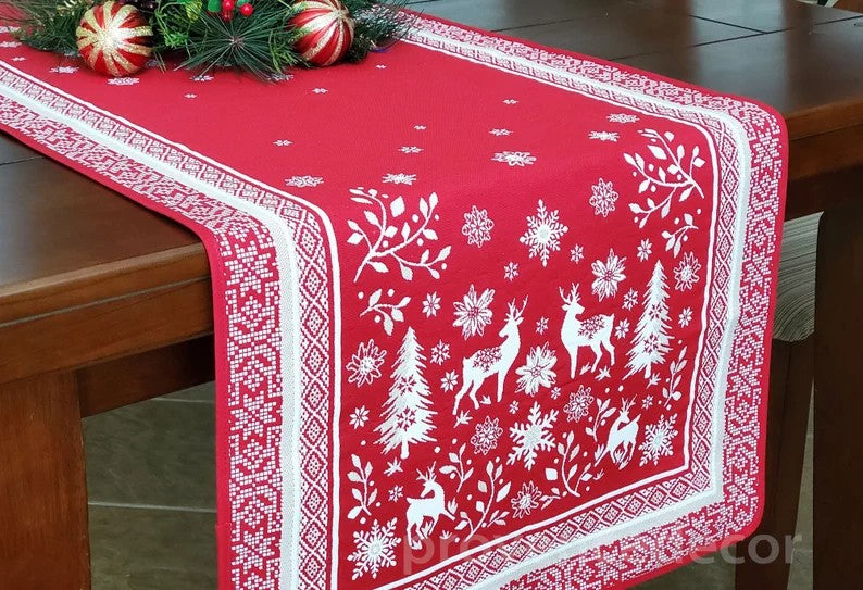 Vallee Red Holiday French Jacquard Table Runner
