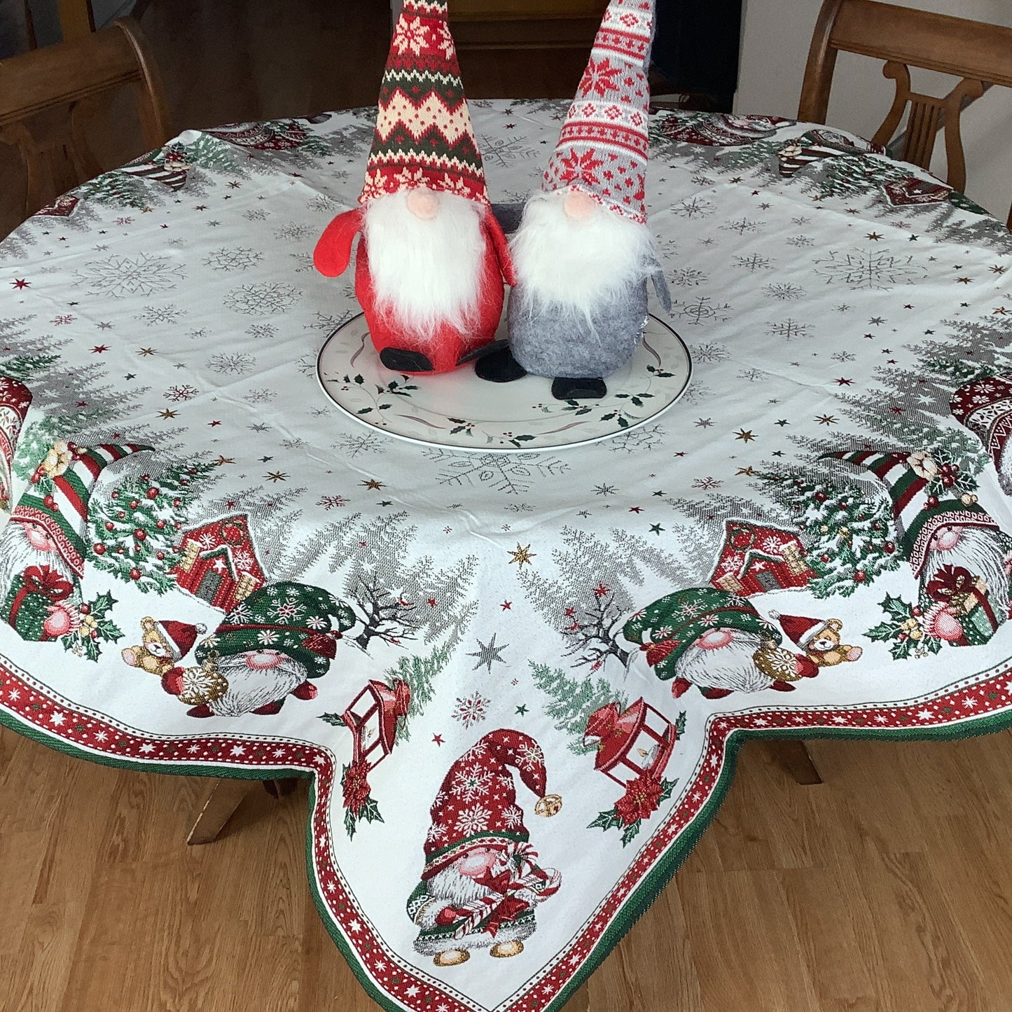 Gnomes Square French Jacquard Table Cover 57” x 57” Holiday