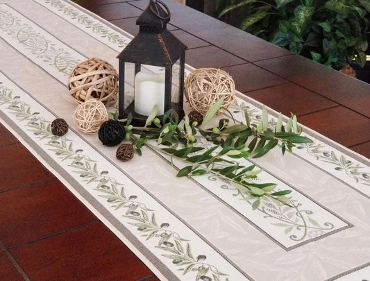 Auriol Olive Twigs Linen Green French Jacquard Table Runner