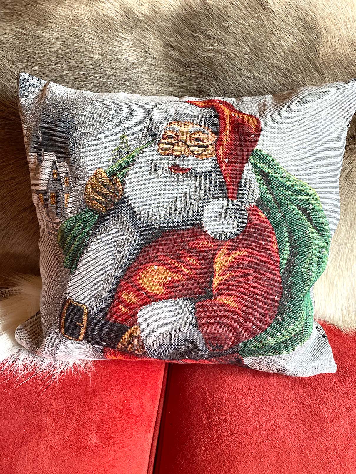 Claus Holiday French Jacquard Pillow Cover, Table Runner, Sofa Throw