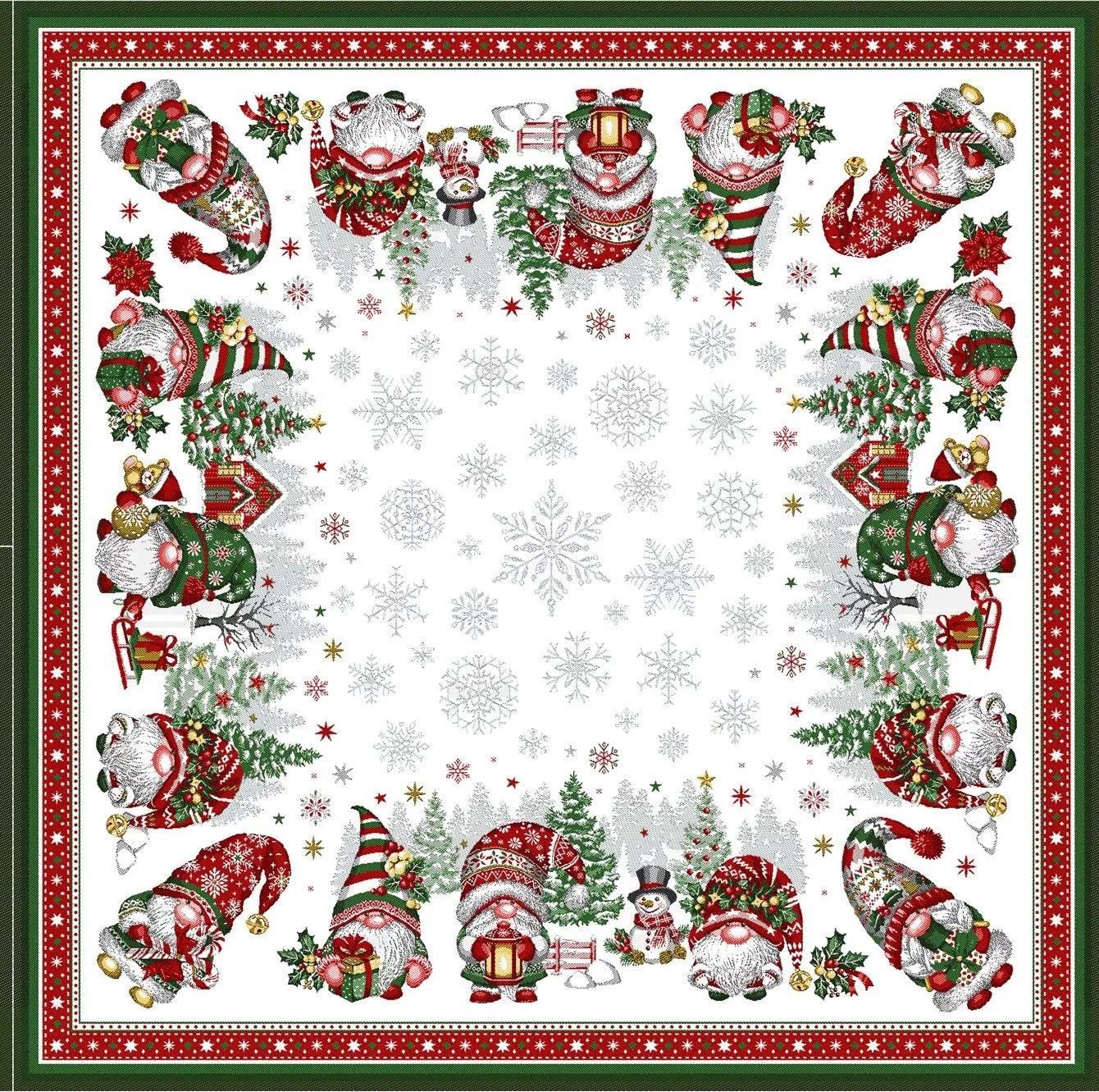 Gnomes Square French Jacquard Table Cover 39” X 39” Holiday