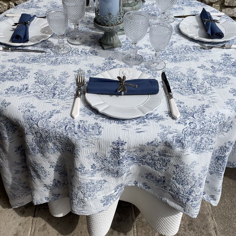 Toile Coraline Blue French Jacquard Tablecloth/Couch Throw/Bed Spread