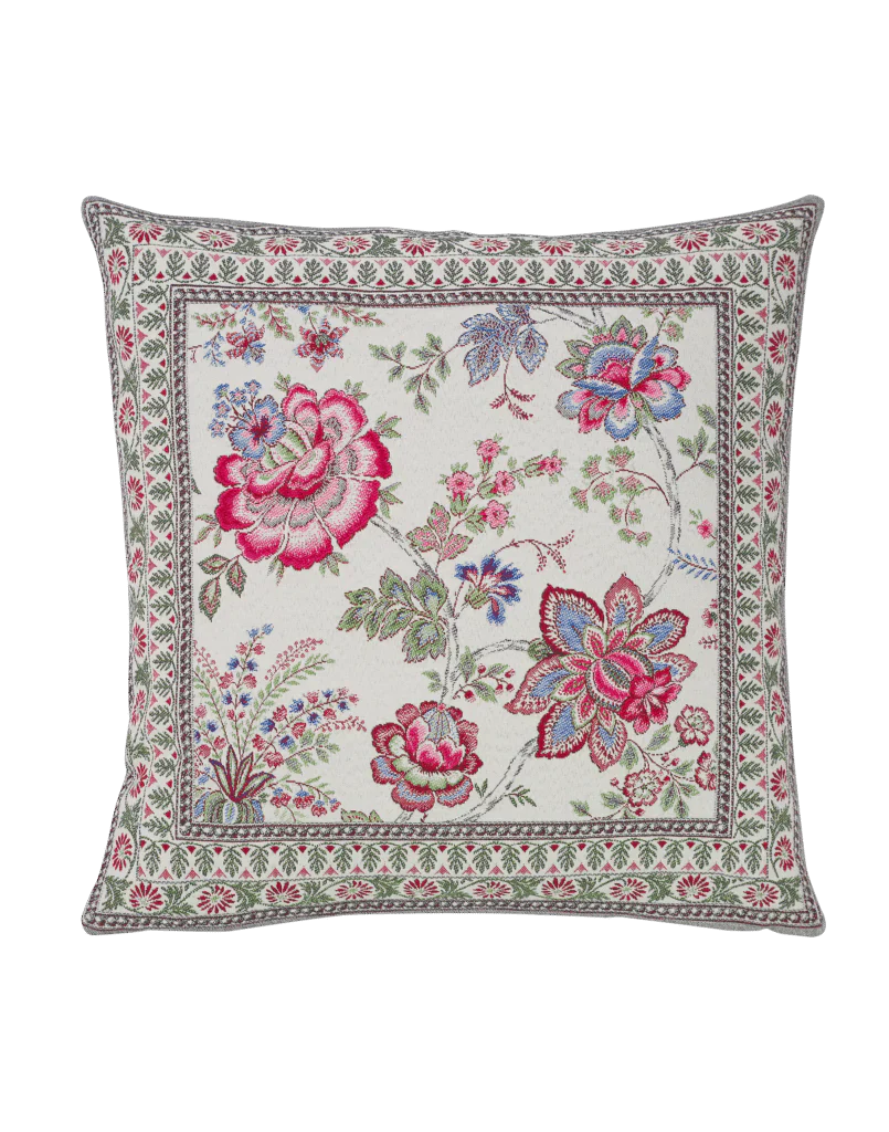 Garance Flowers Fuchsia Blue French Jacquard Pillow Cover