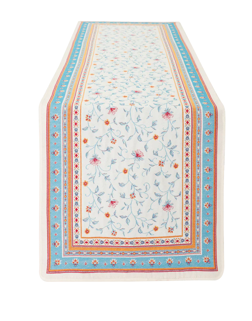 Roussillon Turquoise Floral French Jacquard Table Runner