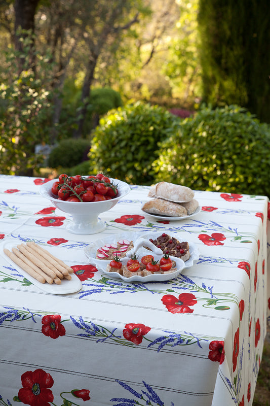 Poppy White Coated Tablecloth